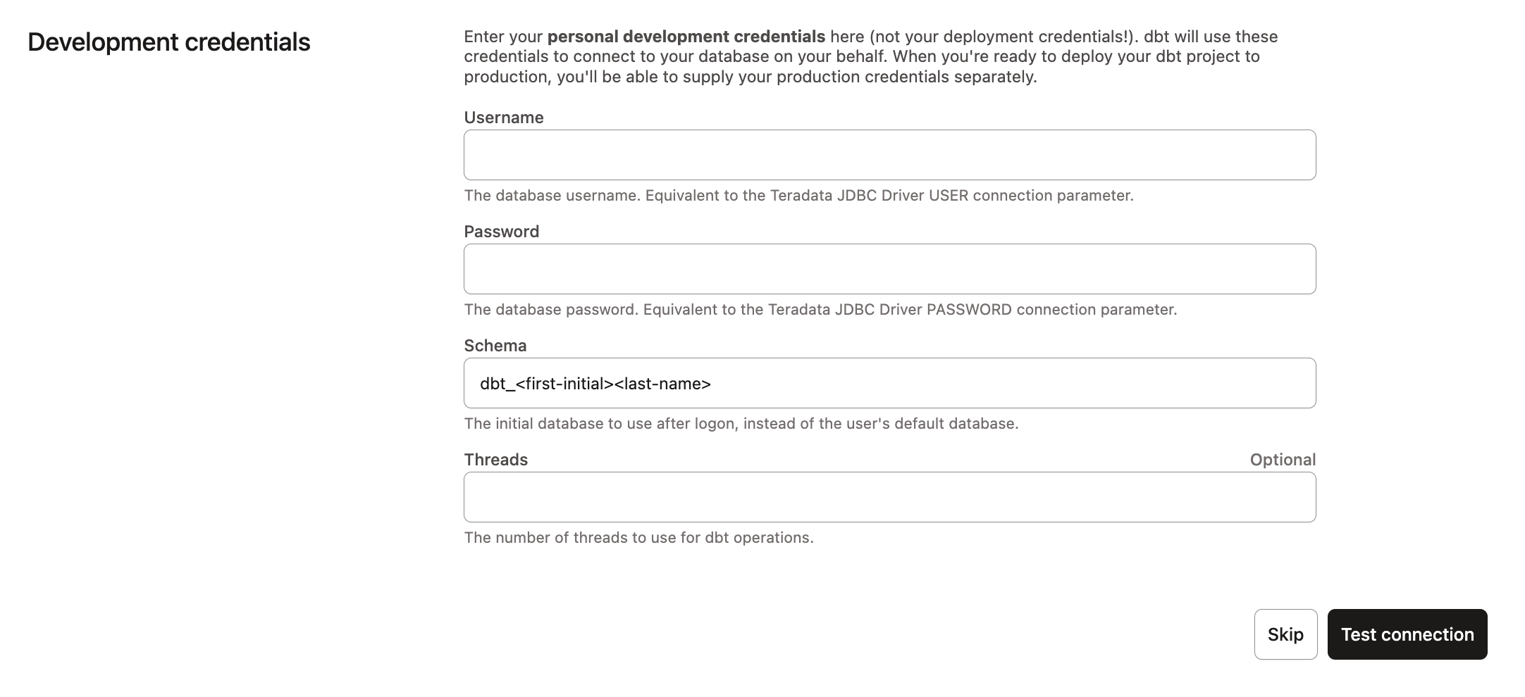 dbt - Teradata Development Credentials